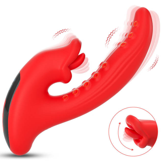 Customizable 8.08" Red Silicone 10-Mode Vibrating & Tongue-Licking Rechargeable Waterproof Vibrator