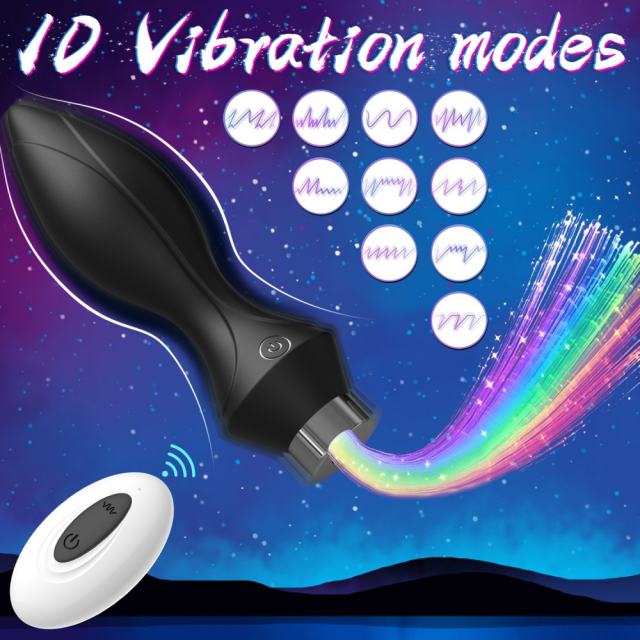 14.38" Black Silicone 10-Mode Vibrating Anal Plug with Light-Up Effect & Remote Control – Rechargeable Waterproof Design