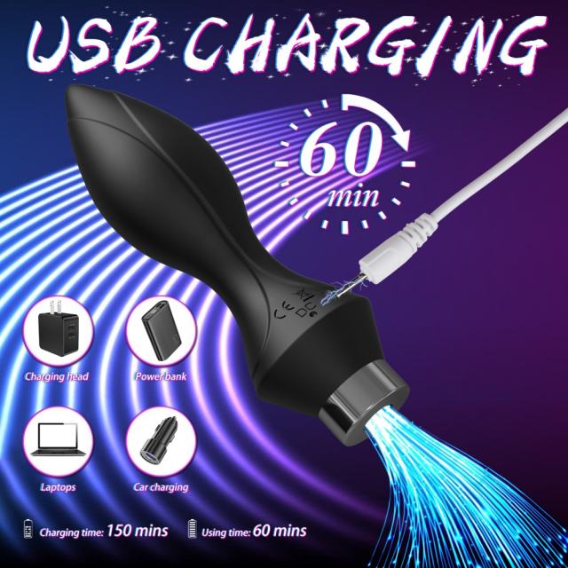 14.38" Black Silicone 10-Mode Vibrating Anal Plug with Light-Up Effect & Remote Control – Rechargeable Waterproof Design
