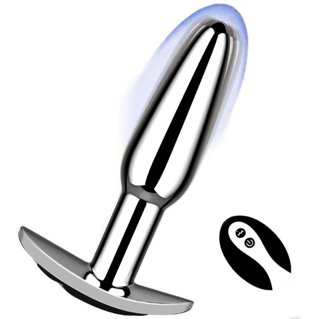 3.82'' Electroplated Silver Waterproof Rechargeable Metal Vibrating Anal Plug – 10-Mode and Remote-Controlled