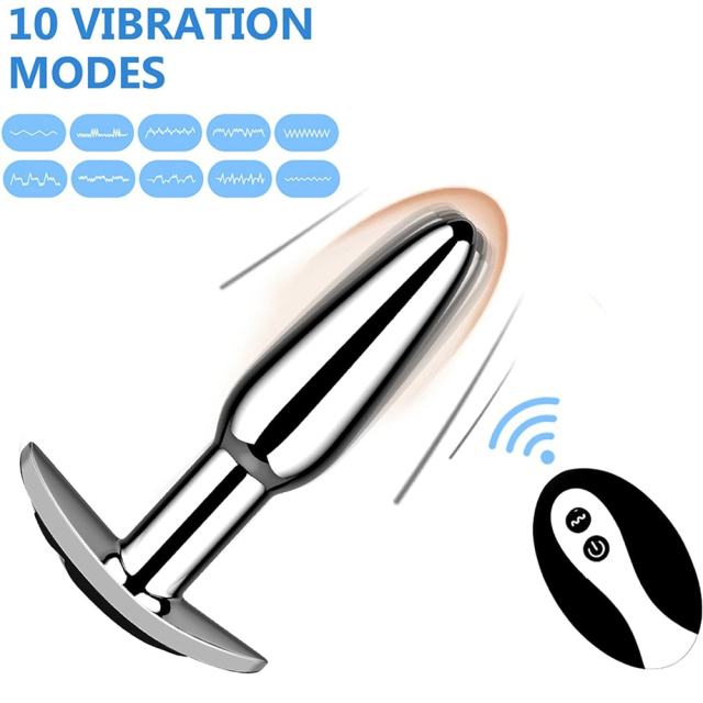3.82'' Electroplated Silver Waterproof Rechargeable Metal Vibrating Anal Plug – 10-Mode and Remote-Controlled