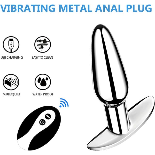 3.82'' Electroplated Silver Waterproof Rechargeable Metal Vibrating Anal Plug – 10-Mode and Remote-Controlled