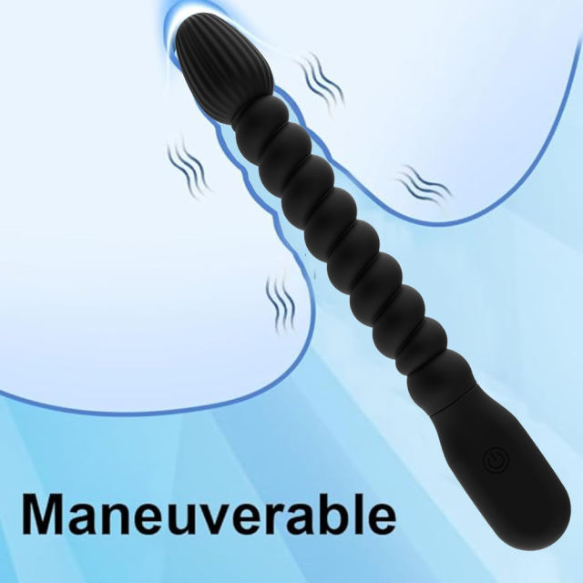 10-Mode Flexible Black Ribbed Rechargeable Waterproof Silicone Vibrating Anal Plug