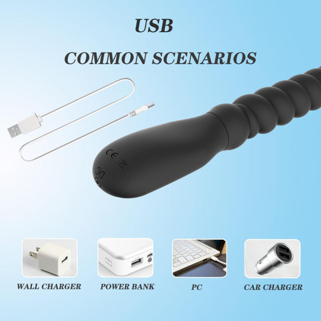 10-Mode Flexible Black Ribbed Rechargeable Waterproof Silicone Vibrating Anal Plug