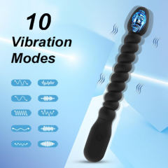 10-Mode Flexible Black Ribbed Rechargeable Waterproof Silicone Vibrating Anal Plug