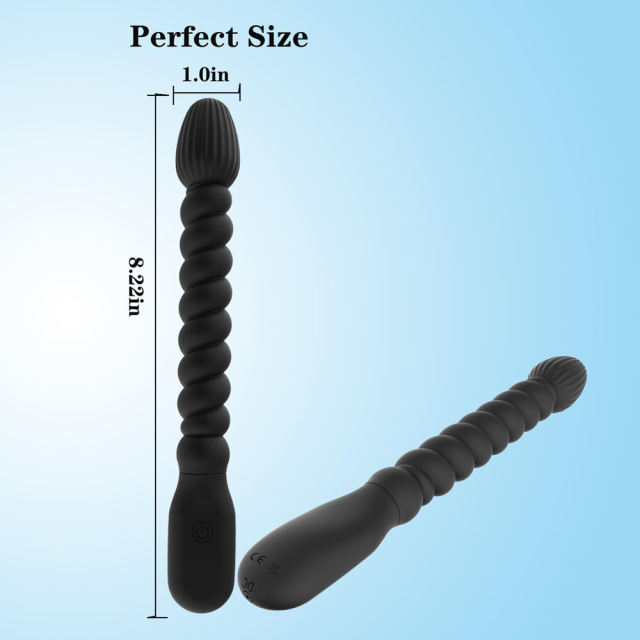 10-Mode Flexible Black Ribbed Rechargeable Waterproof Silicone Vibrating Anal Plug