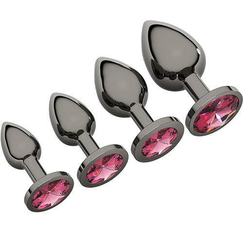 4-Piece Gunmetal Metal Butt Plug Set with Magenta Gem Base