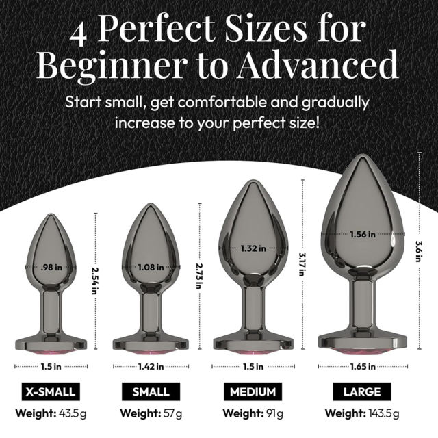 4-Piece Gunmetal Metal Butt Plug Set with Magenta Gem Base