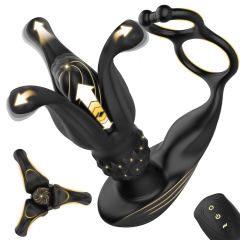6.30" Black Rechargeable Waterproof Silicone Vibrating, Thrusting & Expanding Massager with Cock Rings – 9-Speed and Remote Control