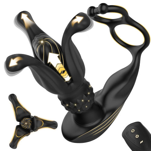 6.30" Black Rechargeable Waterproof Silicone Vibrating, Thrusting & Expanding Massager with Cock Rings – 9-Speed and Remote Control