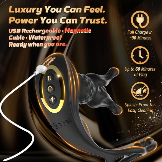 6.30" Black Rechargeable Waterproof Silicone Vibrating, Thrusting & Expanding Massager with Cock Rings – 9-Speed and Remote Control