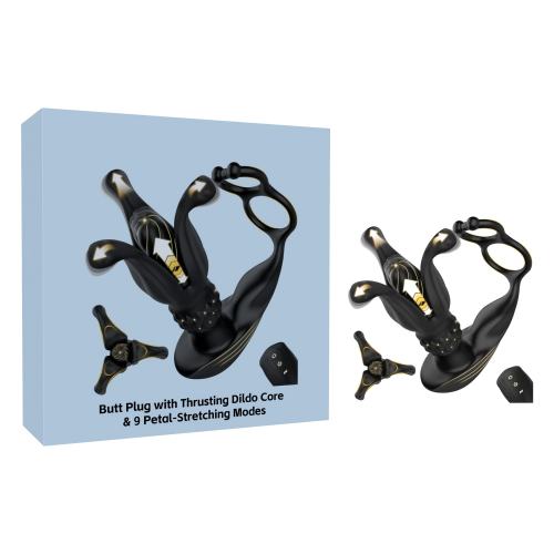 6.30" Black Rechargeable Waterproof Silicone Vibrating, Thrusting & Expanding Massager with Cock Rings – 9-Speed and Remote Control