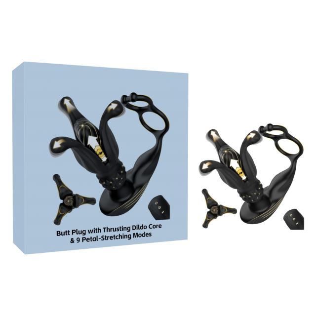 6.30" Black Rechargeable Waterproof Silicone Vibrating, Thrusting & Expanding Massager with Cock Rings – 9-Speed and Remote Control