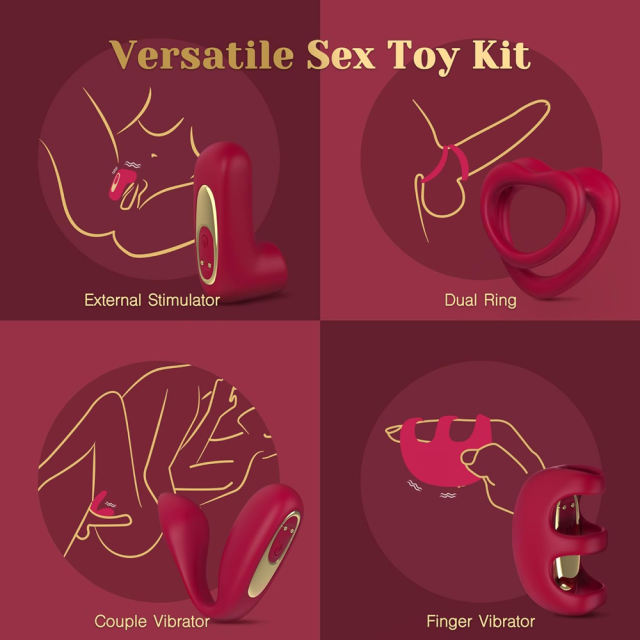 Red Rechargeable Silicone Vibrator Set with LOVE-Shaped Design – 4-Piece Combo, Remote Control, Waterproof