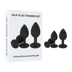 Ribbed Texture Black Silicone Anal Plug Training Kit (3 Sizes)