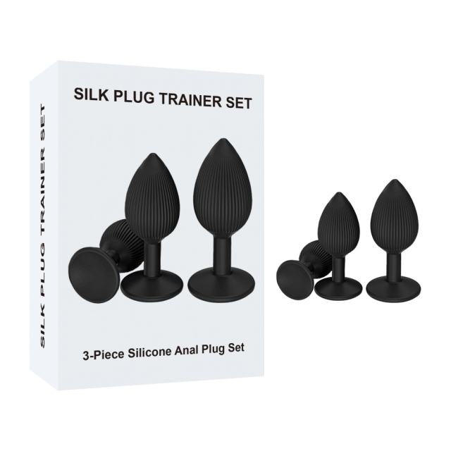 Ribbed Texture Black Silicone Anal Plug Training Kit (3 Sizes)