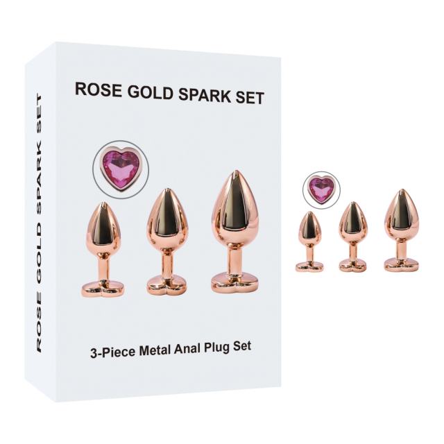 Customizable  Rose Gold Metal Anal Plug Set (3 Sizes) with Heart-Shaped Pink Gem Base
