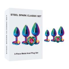 Rainbow Metal Anal Plug Set (3 Sizes) with Heart-Shaped Gem Base