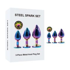 Rainbow Metal Anal Plug Set (3 Sizes) with Crystal Round Gem Base