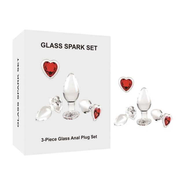 Customizable  Clear Glass Anal Plug Set (3 Sizes) with Heart-Shaped Red Gem Base