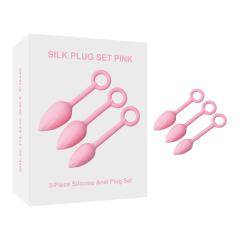 Pink Silicone Anal Plug Training Set (3 Sizes) with Ring Pull Handle and Tapered Tulip Head