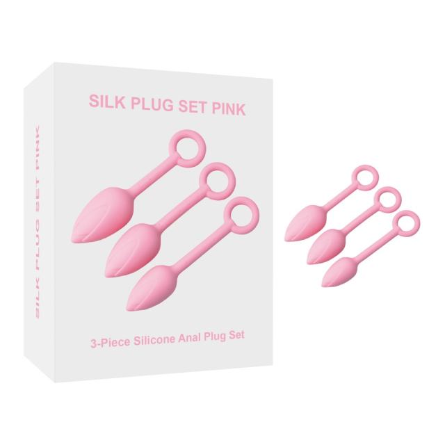 Pink Silicone Anal Plug Training Set (3 Sizes) with Ring Pull Handle and Tapered Tulip Head