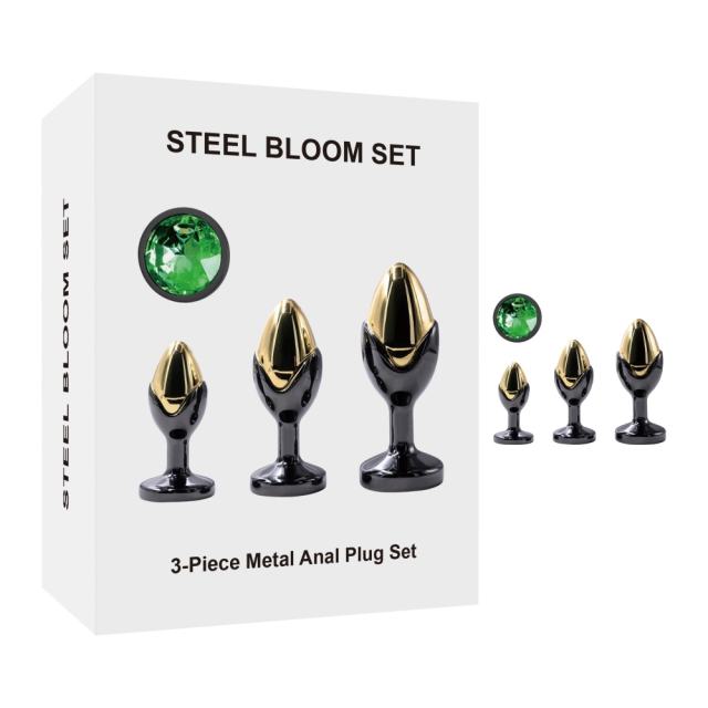 Customizable  Black & Gold Metal Anal Plug Set (3 Sizes) with Green Crystal Gem Base