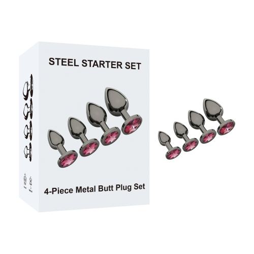 4-Piece Gunmetal Metal Butt Plug Set with Magenta Gem Base