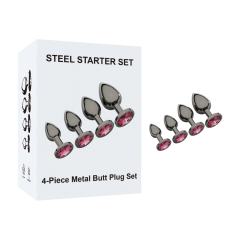 Customizable   4-Piece Gunmetal Metal Butt Plug Set with Magenta Gem Base