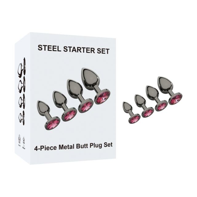 Customizable   4-Piece Gunmetal Metal Butt Plug Set with Magenta Gem Base