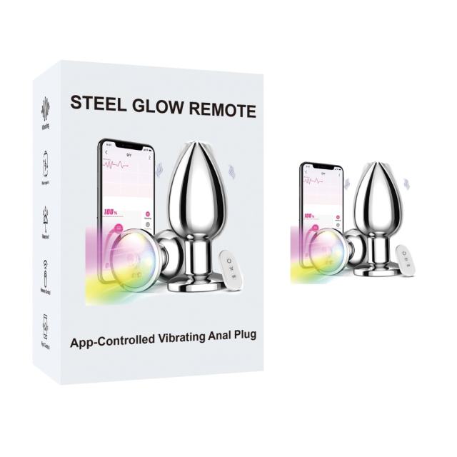 Customizable  9 Modes App & Remote Controlled Silver Metal Vibrating Anal Plug with Light-Up Base - Rechargeable and Waterproof