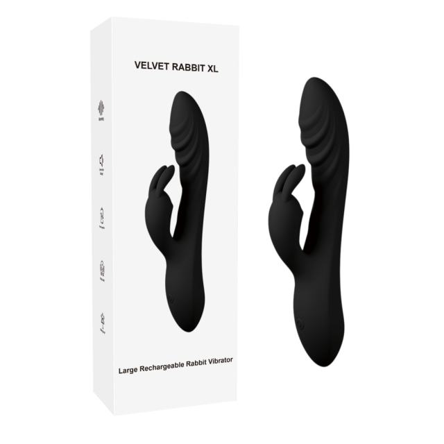 Customizable  8.08'' Black Rechargeable Waterproof Silicone Rabbit Vibrator – 10-Speed Dual-Motor and Wave-Textured Design