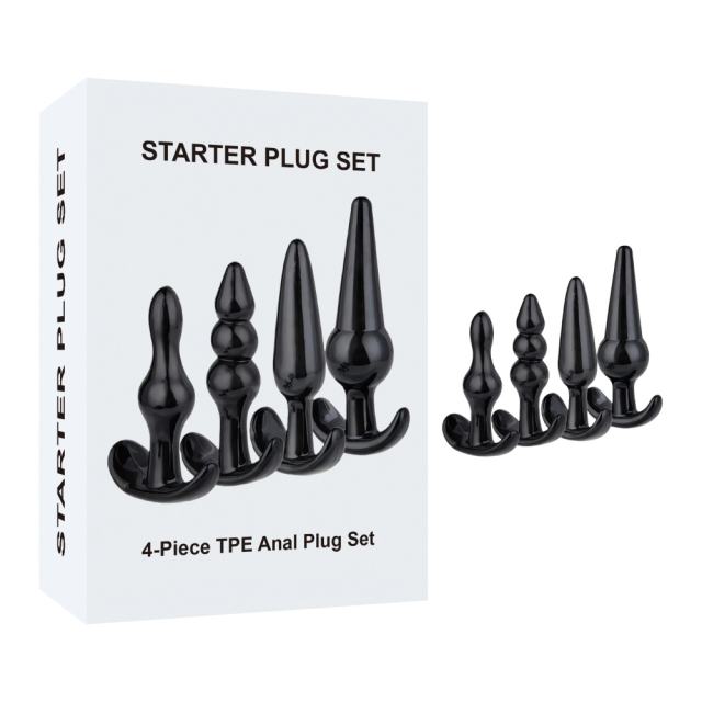 4-Piece Black TPE Anal Plug Set with Gift Box