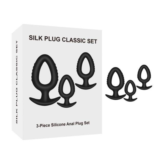 3-Piece Black Silicone Anal Plug Set with Pull-Ring Handles – Small/Medium/Large