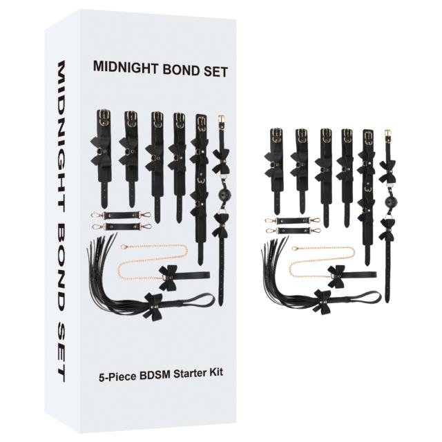 Customizable  6-Piece Black &amp; Red BDSM Bondage Kit with Bow Design – Collar, Ball Gag, Cuffs, Whip, Lead Chain