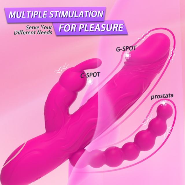8.59’’ Magenta Rechargeable 10-Mode Triple-Stim Silicone Vibrator with Beaded Anal Tail