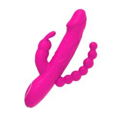 8.59’’ Magenta Rechargeable 10-Mode Triple-Stim Silicone Vibrator with Beaded Anal Tail