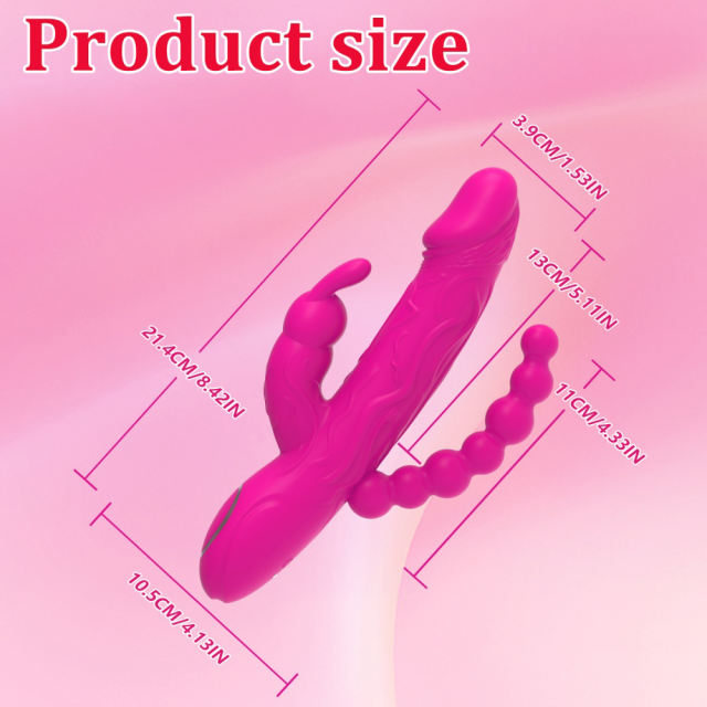8.59’’ Magenta Rechargeable 10-Mode Triple-Stim Silicone Vibrator with Beaded Anal Tail