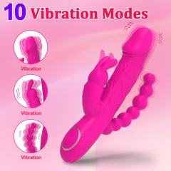 8.59’’ Magenta Rechargeable 10-Mode Triple-Stim Silicone Vibrator with Beaded Anal Tail