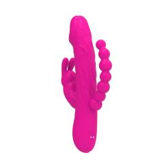 8.59’’ Magenta Rechargeable 10-Mode Triple-Stim Silicone Vibrator with Beaded Anal Tail
