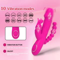 8.59’’ Magenta Rechargeable 10-Mode Triple-Stim Silicone Vibrator with Beaded Anal Tail