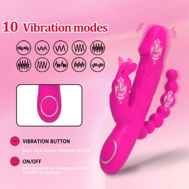 8.59’’ Magenta Rechargeable 10-Mode Triple-Stim Silicone Vibrator with Beaded Anal Tail