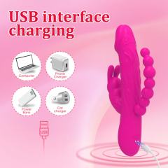 8.59’’ Magenta Rechargeable 10-Mode Triple-Stim Silicone Vibrator with Beaded Anal Tail