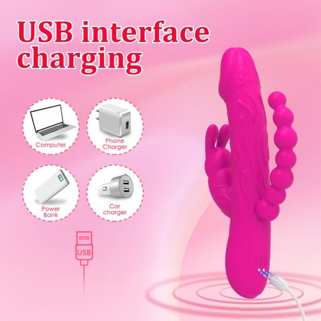 8.59’’ Magenta Rechargeable 10-Mode Triple-Stim Silicone Vibrator with Beaded Anal Tail