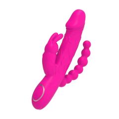 8.59’’ Magenta Rechargeable 10-Mode Triple-Stim Silicone Vibrator with Beaded Anal Tail