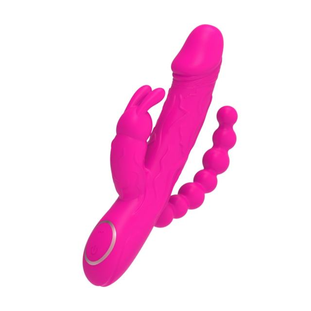 8.59’’ Magenta Rechargeable 10-Mode Triple-Stim Silicone Vibrator with Beaded Anal Tail