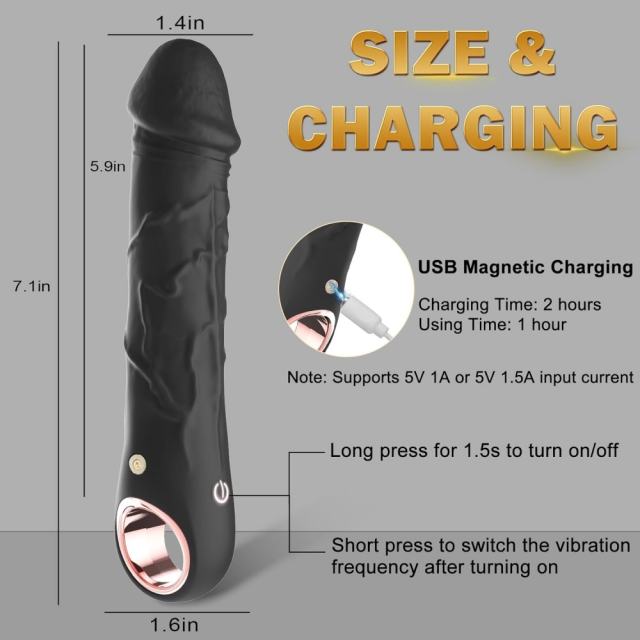 10-Speed Black Rechargeable Waterproof Silicone Realistic Dildo Vibrator