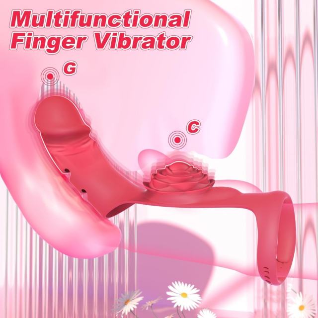 8.27’’ Rechargeable Red Rose Vibrator with Glans-Shaped Finger Tip – 9 Vibrating Modes and Adjustable Wrist Strap