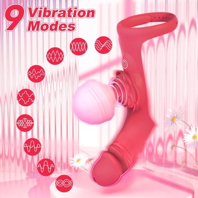 8.27’’ Rechargeable Red Rose Vibrator with Glans-Shaped Finger Tip – 9 Vibrating Modes and Adjustable Wrist Strap