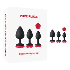 Customizable  3-Piece Silicone Butt Plug Set with Rose-Shaped Red Base